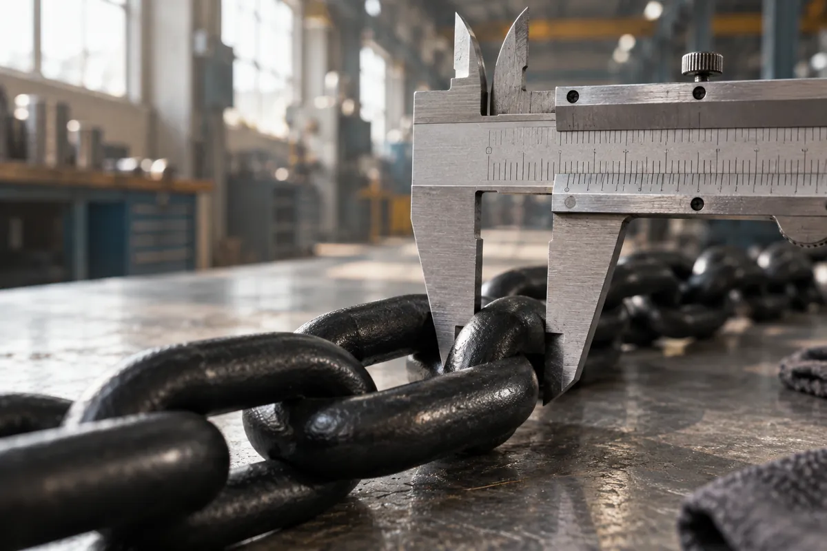 Chain link dimensions checked with a caliper